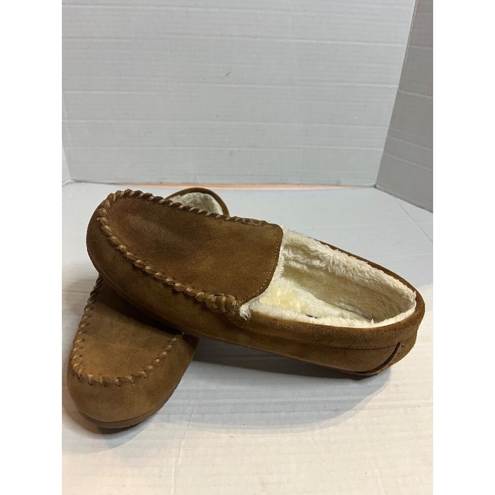 Women’s  lands End  Suede Moccasin Slippers Size 10B Brown Cozy Faux Fur Lined
